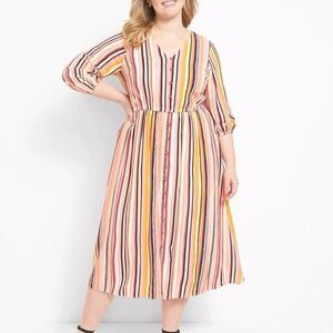 Lane Bryant Women's 3/4 Sleeve V-Neck Button Shirt Dress Blue Stripe Size 14 NWT
